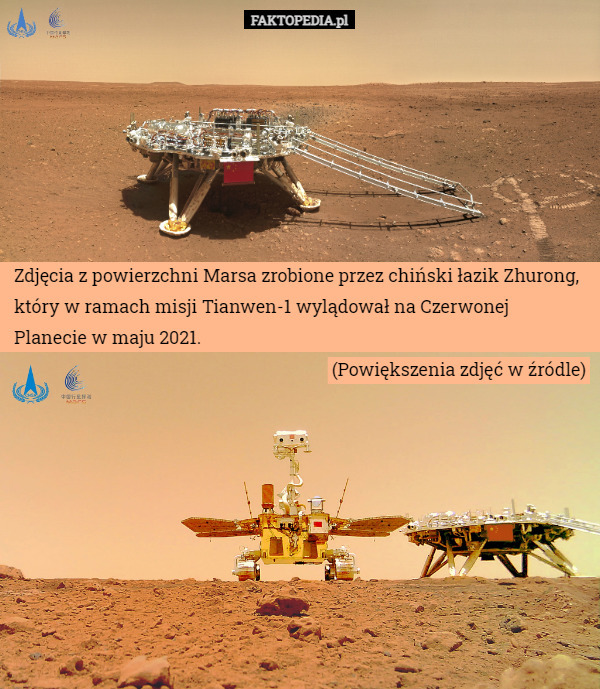 Zdjęcia z powierzchni Marsa zrobione przez chiński łazik Zhurong, który w ramach misji Tianwen-1 wylądował na Czerwonej Planecie w maju 2021. (Powiększenia zdjęć w źródle) 