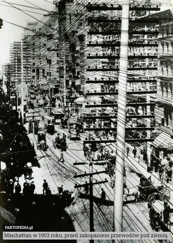 Manhattan w 1903 roku, przed zakopaniem przewodów pod ziemią. 
