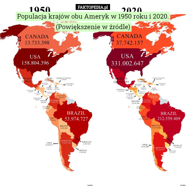 Populacja krajów obu Ameryk w 1950 roku i 2020.
(Powiększenie w źródle) 
