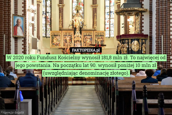 W 2020 roku Fundusz Kościelny wynosił 181,8 mln zł. To najwięcej od jego powstania. Na początku lat 90. wynosił poniżej 10 mln zł (uwzględniając denominację złotego). 