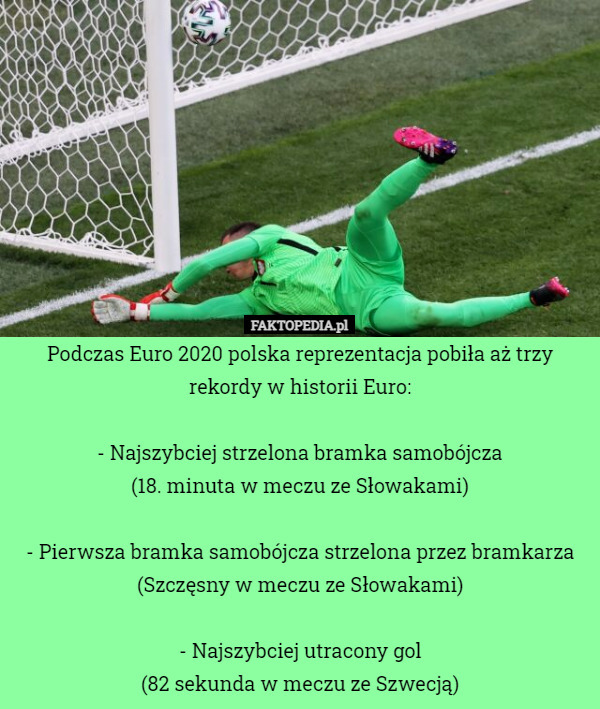 Podczas Euro 2020 polska reprezentacja pobiła aż trzy rekordy w historii Euro:

- Najszybciej strzelona bramka samobójcza
(18. minuta w meczu ze Słowakami)

- Pierwsza bramka samobójcza strzelona przez bramkarza
(Szczęsny w meczu ze Słowakami)

- Najszybciej utracony gol
(82 sekunda w meczu ze Szwecją) 