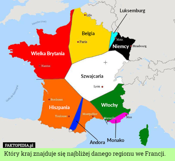 Który kraj znajduje się najbliżej danego regionu we Francji. 