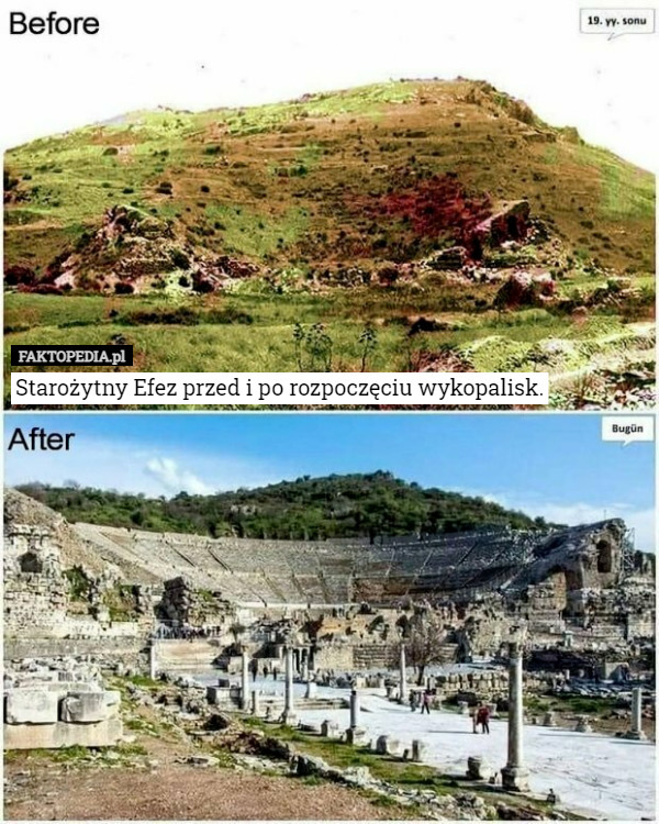 Starożytny Efez przed i po rozpoczęciu wykopalisk. 