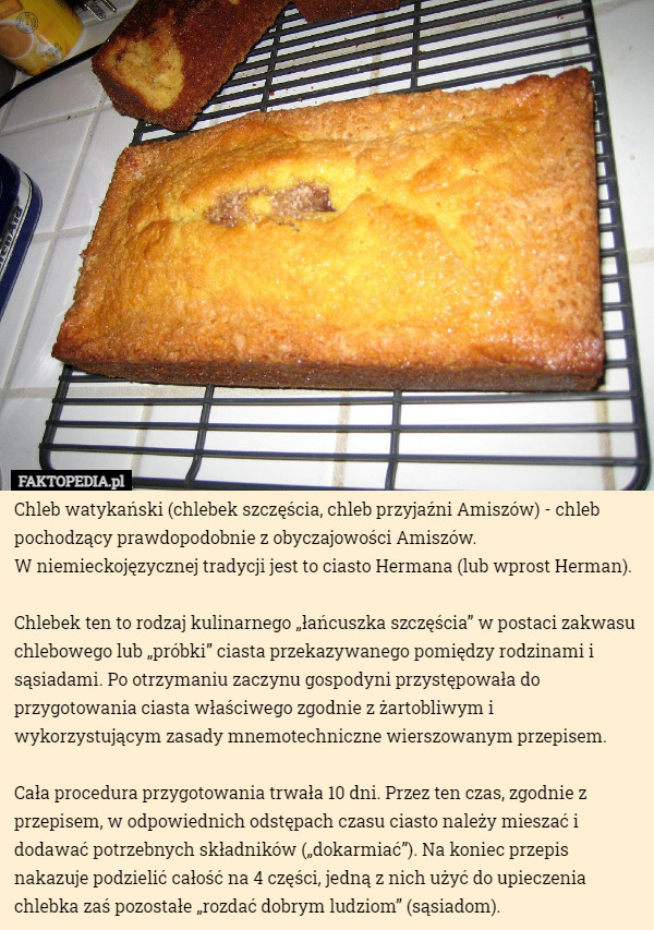 Chleb watykański (chlebek szczęścia, chleb przyjaźni Amiszów) - chleb pochodzący prawdopodobnie z obyczajowości Amiszów.
 W niemieckojęzycznej tradycji jest to ciasto Hermana (lub wprost Herman).

Chlebek ten to rodzaj kulinarnego „łańcuszka szczęścia” w postaci zakwasu chlebowego lub „próbki” ciasta przekazywanego pomiędzy rodzinami i sąsiadami. Po otrzymaniu zaczynu gospodyni przystępowała do przygotowania ciasta właściwego zgodnie z żartobliwym i wykorzystującym zasady mnemotechniczne wierszowanym przepisem.

 Cała procedura przygotowania trwała 10 dni. Przez ten czas, zgodnie z przepisem, w odpowiednich odstępach czasu ciasto należy mieszać i dodawać potrzebnych składników („dokarmiać”). Na koniec przepis nakazuje podzielić całość na 4 części, jedną z nich użyć do upieczenia chlebka zaś pozostałe „rozdać dobrym ludziom” (sąsiadom). 