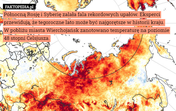 Północną Rosję i Syberię zalała fala rekordowych upałów. Eksperci przewidują, że tegoroczne lato może być najgorętsze w historii kraju.
W pobliżu miasta Wierchojańsk zanotowano temperaturę na poziomie 48 stopni Celsjusza. 