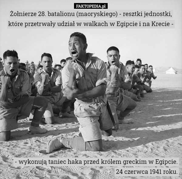 Żołnierze 28. batalionu (maoryskiego) - resztki jednostki, które przetrwały udział w walkach w Egipcie i na Krecie - - wykonują taniec haka przed królem greckim w Egipcie.
24 czerwca 1941 roku. 