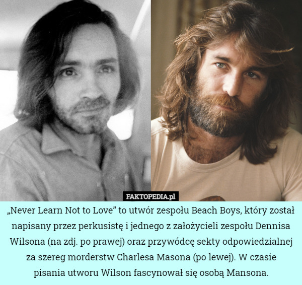 „Never Learn Not to Love” to utwór zespołu Beach Boys, który został napisany przez perkusistę i jednego z założycieli zespołu Dennisa Wilsona (na zdj. po prawej) oraz przywódcę sekty odpowiedzialnej za szereg morderstw Charlesa Masona (po lewej). W czasie
 pisania utworu Wilson fascynował się osobą Mansona. 