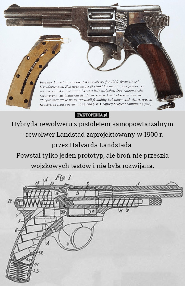 Hybryda rewolweru z pistoletem samopowtarzalnym
 - rewolwer Landstad zaprojektowany w 1900 r.
 przez Halvarda Landstada.
Powstał tylko jeden prototyp, ale broń nie przeszła wojskowych testów i nie była rozwijana. 