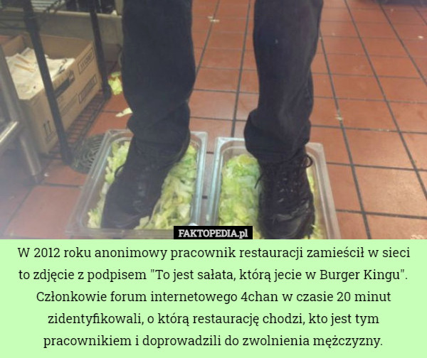 W 2012 roku anonimowy pracownik restauracji zamieścił w sieci to zdjęcie z podpisem "To jest sałata, którą jecie w Burger Kingu". Członkowie forum internetowego 4chan w czasie 20 minut zidentyfikowali, o którą restaurację chodzi, kto jest tym pracownikiem i doprowadzili do zwolnienia mężczyzny. 