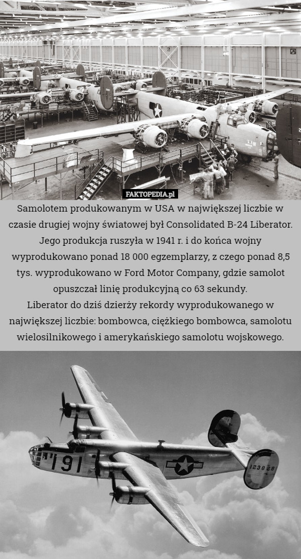 Samolotem produkowanym w USA w największej liczbie w czasie drugiej wojny światowej był Consolidated B-24 Liberator. Jego produkcja ruszyła w 1941 r. i do końca wojny wyprodukowano ponad 18 000 egzemplarzy, z czego ponad 8,5 tys. wyprodukowano w Ford Motor Company, gdzie samolot opuszczał linię produkcyjną co 63 sekundy.
Liberator do dziś dzierży rekordy wyprodukowanego w największej liczbie: bombowca, ciężkiego bombowca, samolotu wielosilnikowego i amerykańskiego samolotu wojskowego. 