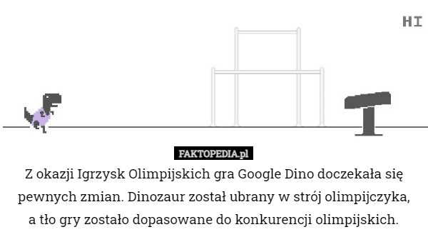 Z okazji Igrzysk Olimpijskich gra Google Dino doczekała się pewnych zmian. Dinozaur został ubrany w strój olimpijczyka,
 a tło gry zostało dopasowane do konkurencji olimpijskich. 