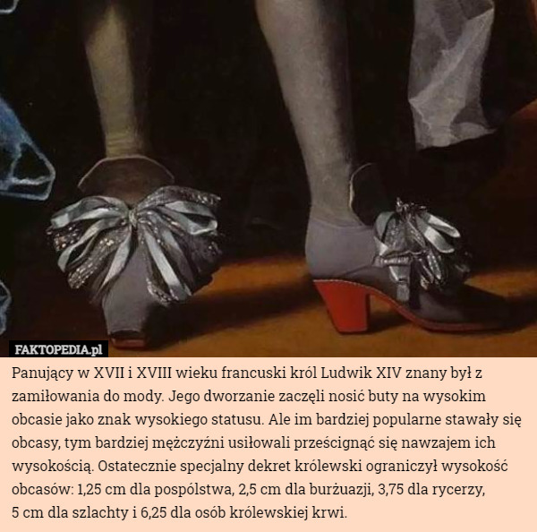 Panujący w XVII i XVIII wieku francuski król Ludwik XIV znany był z zamiłowania do mody. Jego dworzanie zaczęli nosić buty na wysokim obcasie jako znak wysokiego statusu. Ale im bardziej popularne stawały się obcasy, tym bardziej mężczyźni usiłowali prześcignąć się nawzajem ich wysokością. Ostatecznie specjalny dekret królewski ograniczył wysokość obcasów: 1,25 cm dla pospólstwa, 2,5 cm dla burżuazji, 3,75 dla rycerzy,
 5 cm dla szlachty i 6,25 dla osób królewskiej krwi. 