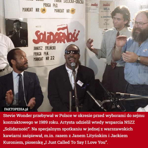 Stevie Wonder przebywał w Polsce w okresie przed wyborami do sejmu kontraktowego w 1989 roku. Artysta udzielił wtedy wsparcia NSZZ „Solidarność”. Na specjalnym spotkaniu w jednej z warszawskich kawiarni zaśpiewał, m.in. razem z Janem Lityńskim i Jackiem Kuroniem, piosenkę „I Just Called To Say I Love You”. 