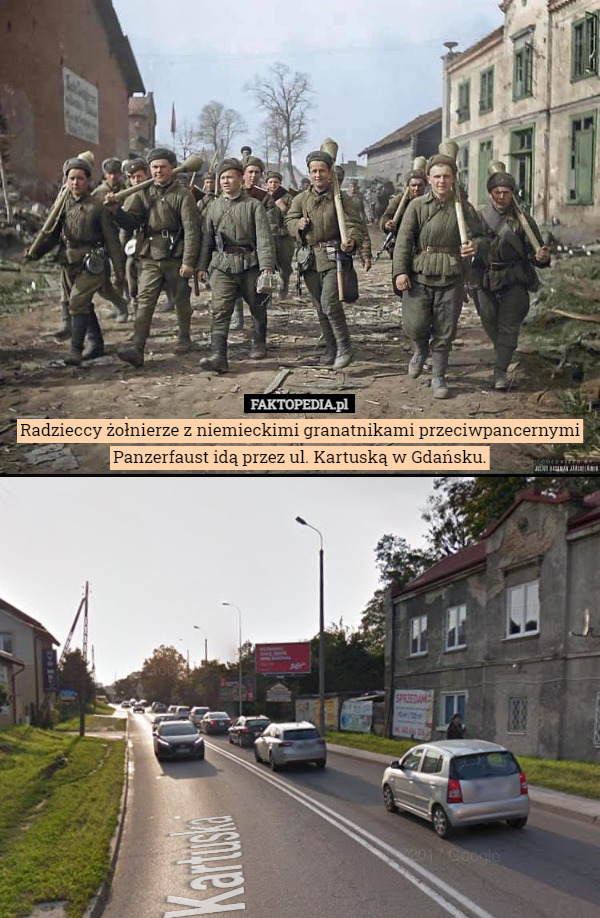 Radzieccy żołnierze z niemieckimi granatnikami przeciwpancernymi Panzerfaust idą przez ul. Kartuską w Gdańsku. 