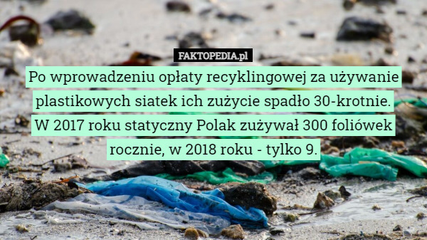 Po wprowadzeniu opłaty recyklingowej za używanie plastikowych siatek ich zużycie spadło 30-krotnie.
W 2017 roku statyczny Polak zużywał 300 foliówek rocznie, w 2018 roku - tylko 9. 