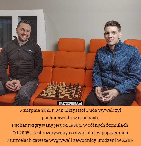 5 sierpnia 2021 r. Jan-Krzysztof Duda wywalczył
 puchar świata w szachach.
Puchar rozgrywany jest od 1988 r. w różnych formułach.
Od 2005 r. jest rozgrywany co dwa lata i w poprzednich
 8 turniejach zawsze wygrywali zawodnicy urodzeni w ZSRR. 