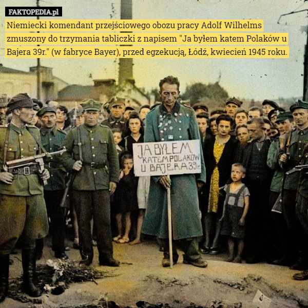Niemiecki komendant przejściowego obozu pracy Adolf Wilhelms zmuszony do trzymania tabliczki z napisem "Ja byłem katem Polaków u Bajera 39r." (w fabryce Bayer), przed egzekucją, Łódź, kwiecień 1945 roku. 