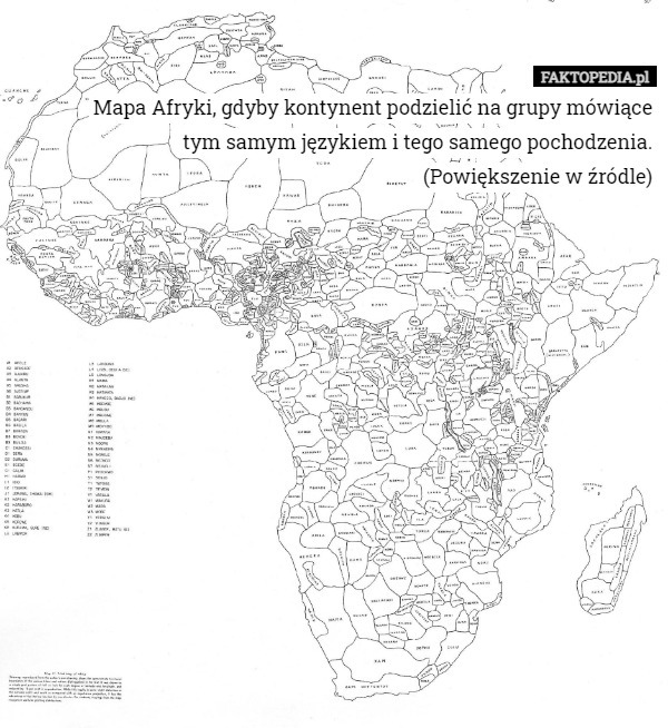 Mapa Afryki, gdyby kontynent podzielić na grupy mówiące tym samym językiem i tego samego pochodzenia.
(Powiększenie w źródle) 