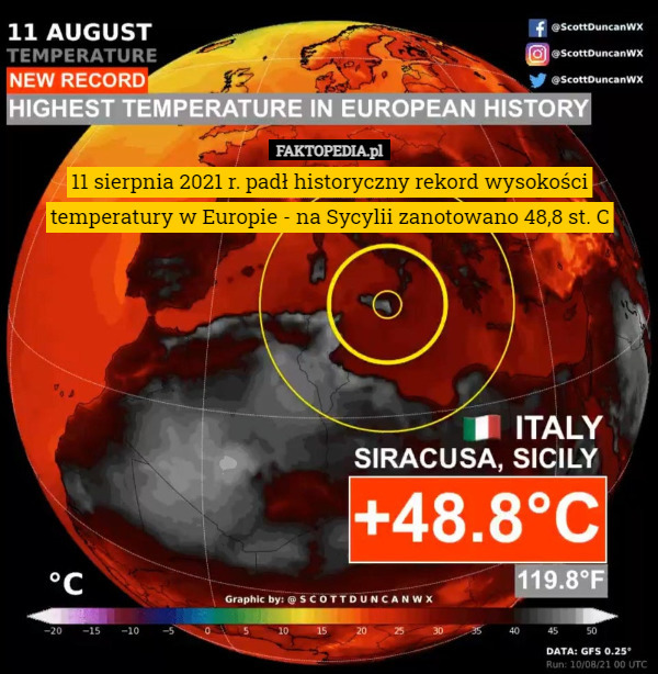 11 sierpnia 2021 r. padł historyczny rekord wysokości temperatury w Europie - na Sycylii zanotowano 48,8 st. C 