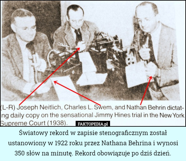 Światowy rekord w zapisie stenograficznym został ustanowiony w 1922 roku przez Nathana Behrina i wynosi 350 słów na minutę. Rekord obowiązuje po dziś dzień. 