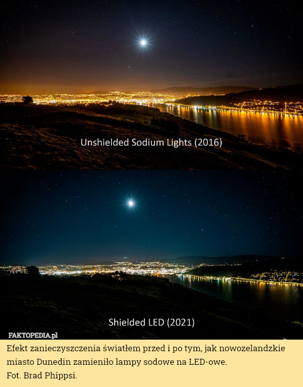 Efekt zanieczyszczenia światłem przed i po tym, jak nowozelandzkie miasto Dunedin zamieniło lampy sodowe na LED-owe.
 Fot. Brad Phippsi. 