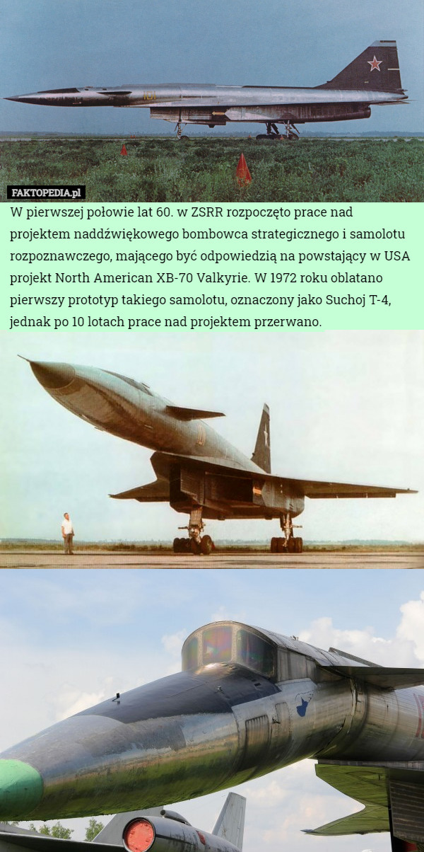 W pierwszej połowie lat 60. w ZSRR rozpoczęto prace nad projektem naddźwiękowego bombowca strategicznego i samolotu rozpoznawczego, mającego być odpowiedzią na powstający w USA projekt North American XB-70 Valkyrie. W 1972 roku oblatano pierwszy prototyp takiego samolotu, oznaczony jako Suchoj T-4, jednak po 10 lotach prace nad projektem przerwano. 