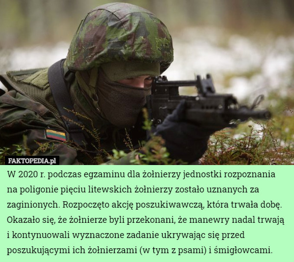 W 2020 r. podczas egzaminu dla żołnierzy jednostki rozpoznania na poligonie pięciu litewskich żołnierzy zostało uznanych za zaginionych. Rozpoczęto akcję poszukiwawczą, która trwała dobę.
Okazało się, że żołnierze byli przekonani, że manewry nadal trwają i kontynuowali wyznaczone zadanie ukrywając się przed poszukującymi ich żołnierzami (w tym z psami) i śmigłowcami. 