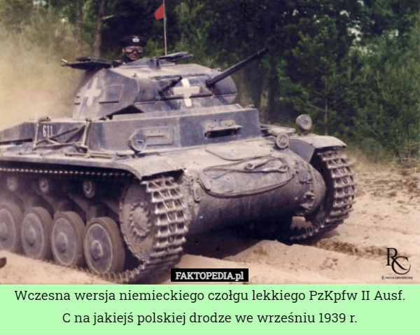 Wczesna wersja niemieckiego czołgu lekkiego PzKpfw II Ausf. C na jakiejś polskiej drodze we wrześniu 1939 r. 