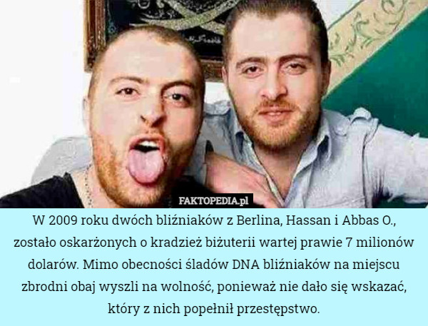 W 2009 roku dwóch bliźniaków z Berlina, Hassan i Abbas O., zostało oskarżonych o kradzież biżuterii wartej prawie 7 milionów dolarów. Mimo obecności śladów DNA bliźniaków na miejscu zbrodni obaj wyszli na wolność, ponieważ nie dało się wskazać, który z nich popełnił przestępstwo. 