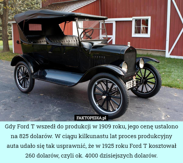 Gdy Ford T wszedł do produkcji w 1909 roku, jego cenę ustalono na 825 dolarów. W ciągu kilkunastu lat proces produkcyjny auta udało się tak usprawnić, że w 1925 roku Ford T kosztował 260 dolarów, czyli ok. 4000 dzisiejszych dolarów. 