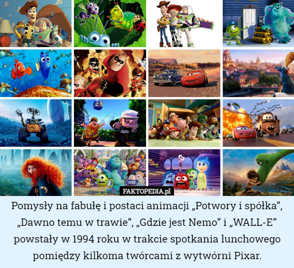 Pomysły na fabułę i postaci animacji „Potwory i spółka”, „Dawno temu w trawie”, „Gdzie jest Nemo” i „WALL-E” powstały w 1994 roku w trakcie spotkania lunchowego pomiędzy kilkoma twórcami z wytwórni Pixar. 