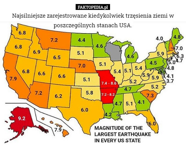 Najsilniejsze zarejestrowane kiedykolwiek trzęsienia ziemi w poszczególnych stanach USA. 