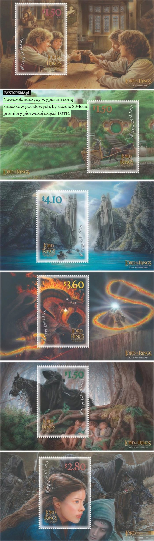 Nowozelandczycy wypuścili serię znaczków pocztowych, by uczcić 20-lecie premiery pierwszej części LOTR. 