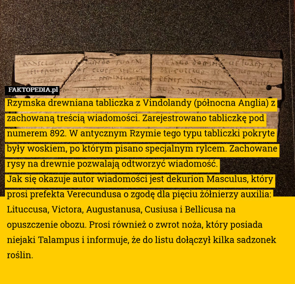 Rzymska drewniana tabliczka z Vindolandy (północna Anglia) z zachowaną treścią wiadomości. Zarejestrowano tabliczkę pod numerem 892. W antycznym Rzymie tego typu tabliczki pokryte były woskiem, po którym pisano specjalnym rylcem. Zachowane rysy na drewnie pozwalają odtworzyć wiadomość.
Jak się okazuje autor wiadomości jest dekurion Masculus, który prosi prefekta Verecundusa o zgodę dla pięciu żółnierzy auxilia: Lituccusa, Victora, Augustanusa, Cusiusa i Bellicusa na opuszczenie obozu. Prosi również o zwrot noża, który posiada niejaki Talampus i informuje, że do listu dołączył kilka sadzonek roślin. 