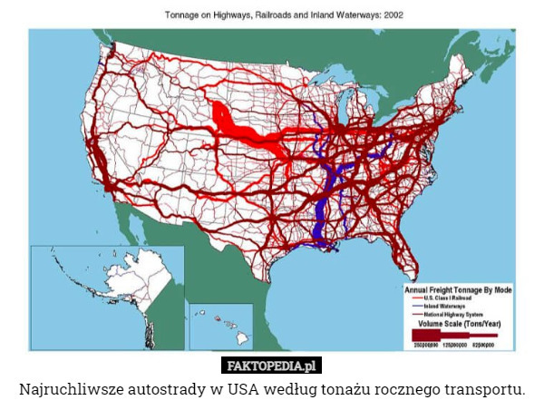 Najruchliwsze autostrady w USA według tonażu rocznego transportu. 