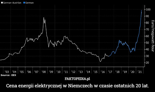 Cena energii elektrycznej w Niemczech w czasie ostatnich 20 lat. 