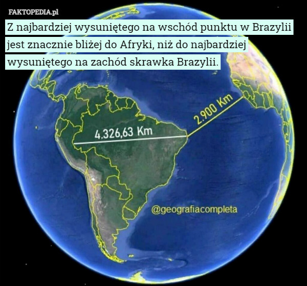 Z najbardziej wysuniętego na wschód punktu w Brazylii jest znacznie bliżej do Afryki, niż do najbardziej wysuniętego na zachód skrawka Brazylii. 
