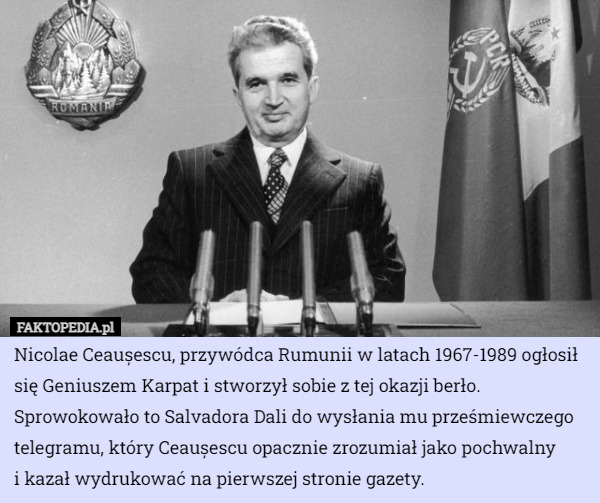 Nicolae Ceaușescu, przywódca Rumunii w latach 1967-1989 ogłosił się Geniuszem Karpat i stworzył sobie z tej okazji berło. Sprowokowało to Salvadora Dali do wysłania mu prześmiewczego telegramu, który Ceaușescu opacznie zrozumiał jako pochwalny
 i kazał wydrukować na pierwszej stronie gazety. 