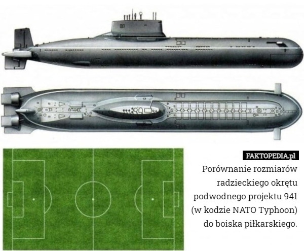 Porównanie rozmiarów radzieckiego okrętu podwodnego projektu 941 (w kodzie NATO Typhoon) do boiska piłkarskiego. 