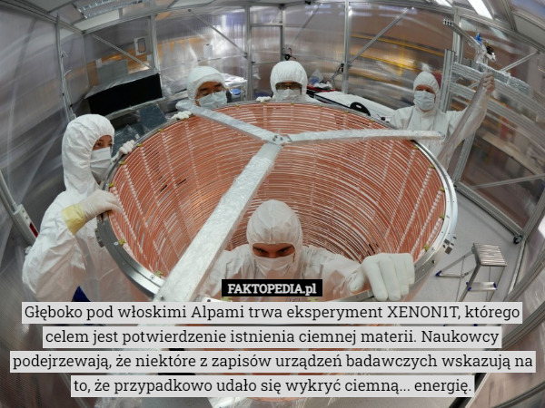 Głęboko pod włoskimi Alpami trwa eksperyment XENON1T, którego celem jest potwierdzenie istnienia ciemnej materii. Naukowcy podejrzewają, że niektóre z zapisów urządzeń badawczych wskazują na to, że przypadkowo udało się wykryć ciemną... energię. 