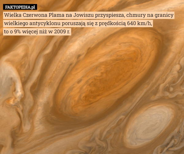 Wielka Czerwona Plama na Jowiszu przyspiesza, chmury na granicy wielkiego antycyklonu poruszają się z prędkością 640 km/h,
 to o 9% więcej niż w 2009 r. 