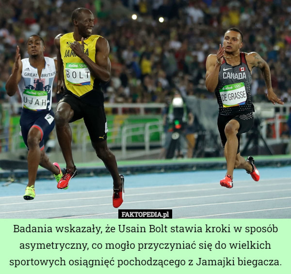 Badania wskazały, że Usain Bolt stawia kroki w sposób asymetryczny, co mogło przyczyniać się do wielkich sportowych osiągnięć pochodzącego z Jamajki biegacza. 
