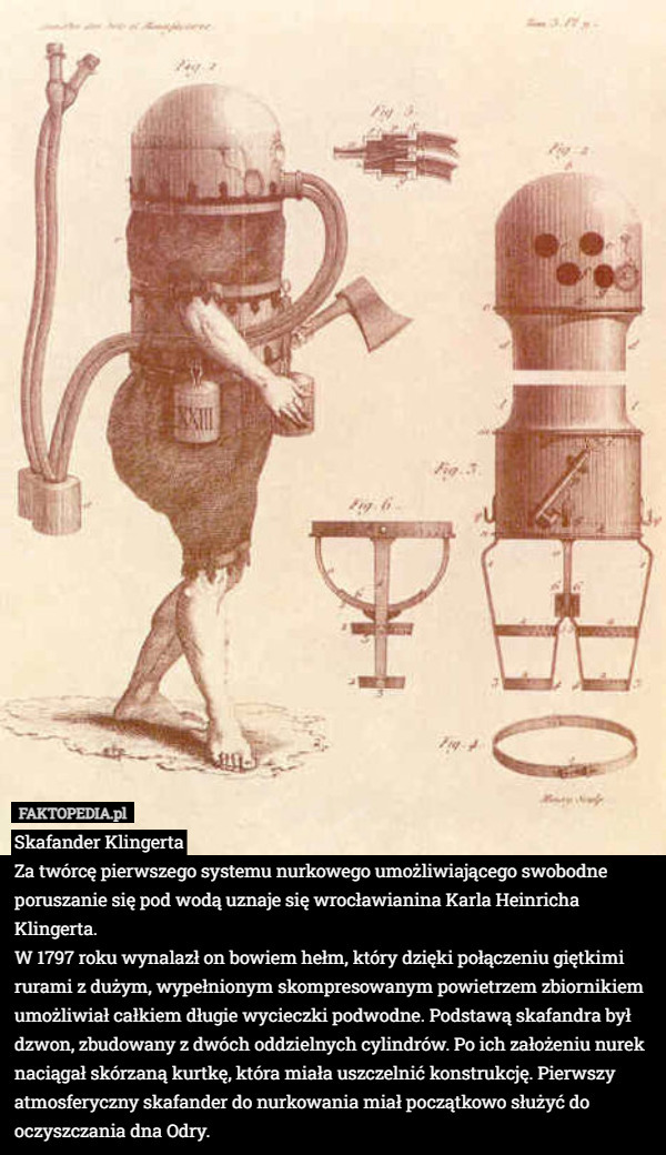 Skafander Klingerta
Za twórcę pierwszego systemu nurkowego umożliwiającego swobodne poruszanie się pod wodą uznaje się wrocławianina Karla Heinricha Klingerta.
W 1797 roku wynalazł on bowiem hełm, który dzięki połączeniu giętkimi rurami z dużym, wypełnionym skompresowanym powietrzem zbiornikiem umożliwiał całkiem długie wycieczki podwodne. Podstawą skafandra był dzwon, zbudowany z dwóch oddzielnych cylindrów. Po ich założeniu nurek naciągał skórzaną kurtkę, która miała uszczelnić konstrukcję. Pierwszy atmosferyczny skafander do nurkowania miał początkowo służyć do oczyszczania dna Odry. 