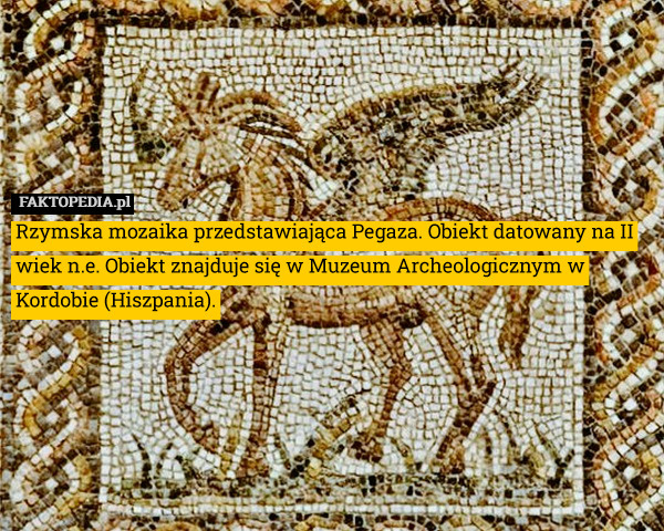 Rzymska mozaika przedstawiająca Pegaza. Obiekt datowany na II wiek n.e. Obiekt znajduje się w Muzeum Archeologicznym w Kordobie (Hiszpania). 
