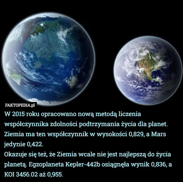 W 2015 roku opracowano nową metodą liczenia współczynnika zdolności podtrzymania życia dla planet. Ziemia ma ten współczynnik w wysokości 0,829, a Mars jedynie 0,422.
Okazuje się też, że Ziemia wcale nie jest najlepszą do życia planetą. Egzoplaneta Kepler-442b osiągnęła wynik 0,836, a KOI 3456.02 aż 0,955. 