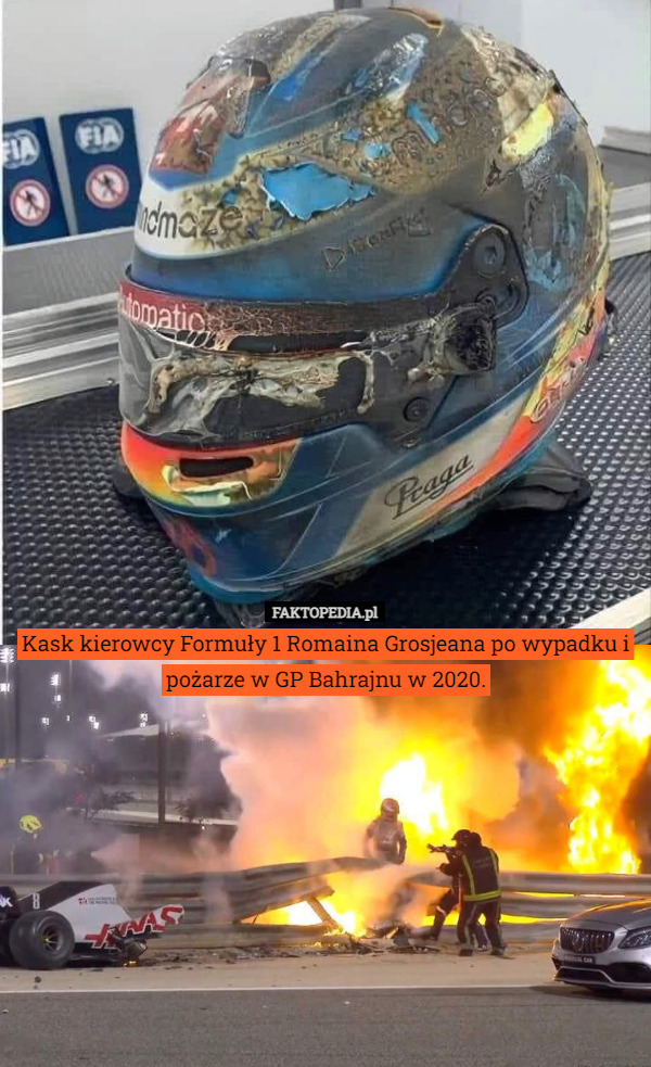 Kask kierowcy Formuły 1 Romaina Grosjeana po wypadku i pożarze w GP Bahrajnu w 2020. 
