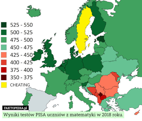 Wyniki testów PISA uczniów z matematyki w 2018 roku. 
