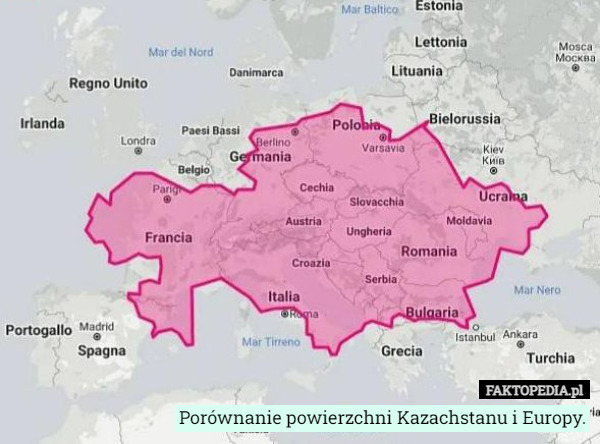 Porównanie powierzchni Kazachstanu i Europy. 