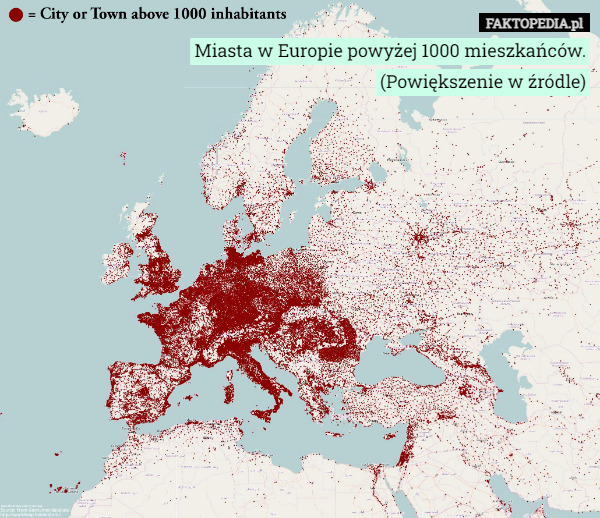 Miasta w Europie powyżej 1000 mieszkańców.
(Powiększenie w źródle) 