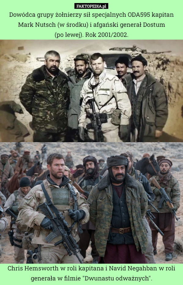 Dowódca grupy żołnierzy sił specjalnych ODA595 kapitan Mark Nutsch (w środku) i afgański generał Dostum
 (po lewej). Rok 2001/2002. Chris Hemsworth w roli kapitana i Navid Negahban w roli generała w filmie "Dwunastu odważnych". 